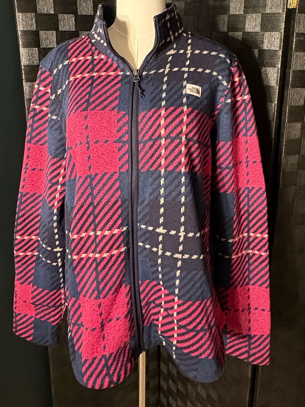 The North Face Printed Ridge Full Zip Fleece Jacket Plaid Pink Navy Blue